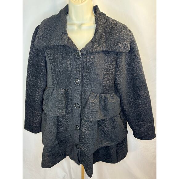 Gorgeous Ruffle Brocade Pea Coat - Black & Chocolate - Size XL (Juniors Sizing) - Picture 5 of 16